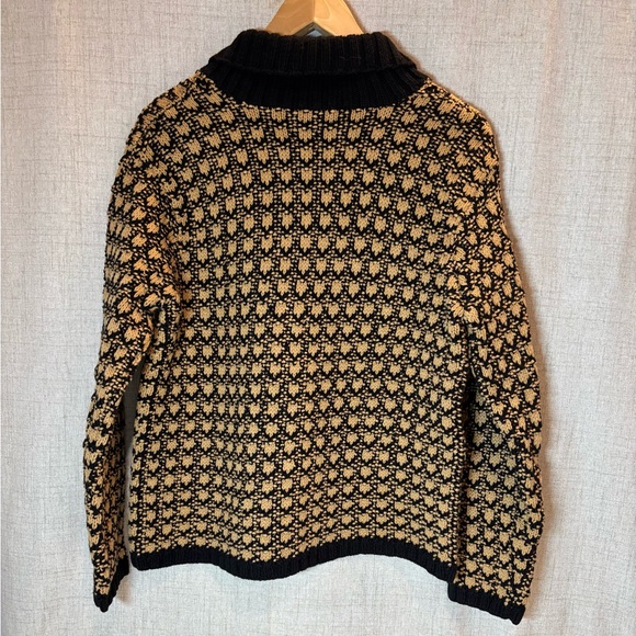 TALBOTS hand-knit shawl collar black & tan/camel cardigan 100% sweater Medium. - Picture 7 of 7